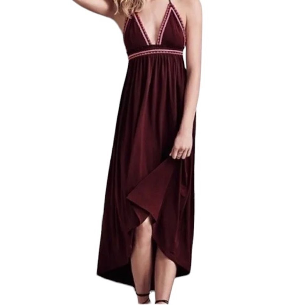 Express high low tie boho halter dress in maroon with pink crochet details XS